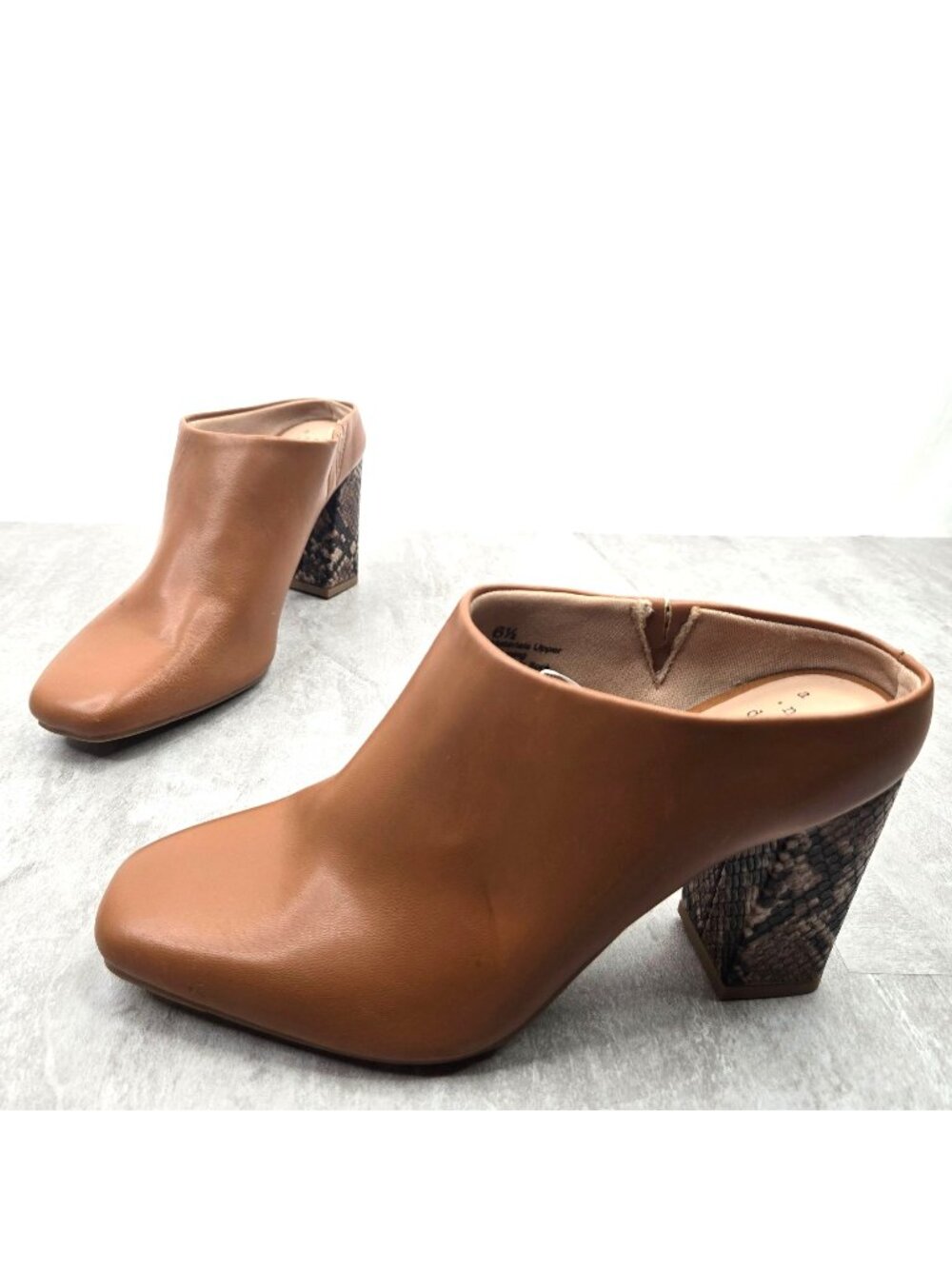 Western Mule Shoes Size 6.5 Brown Snake Print Square Toe Slip On High Block Heel